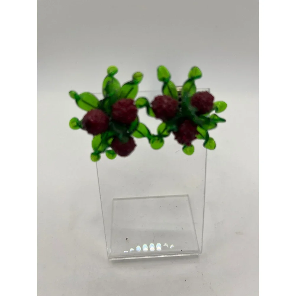Vintage Floral Clip On Earrings Red Berry Green Leaf‎ Costume Jewelry